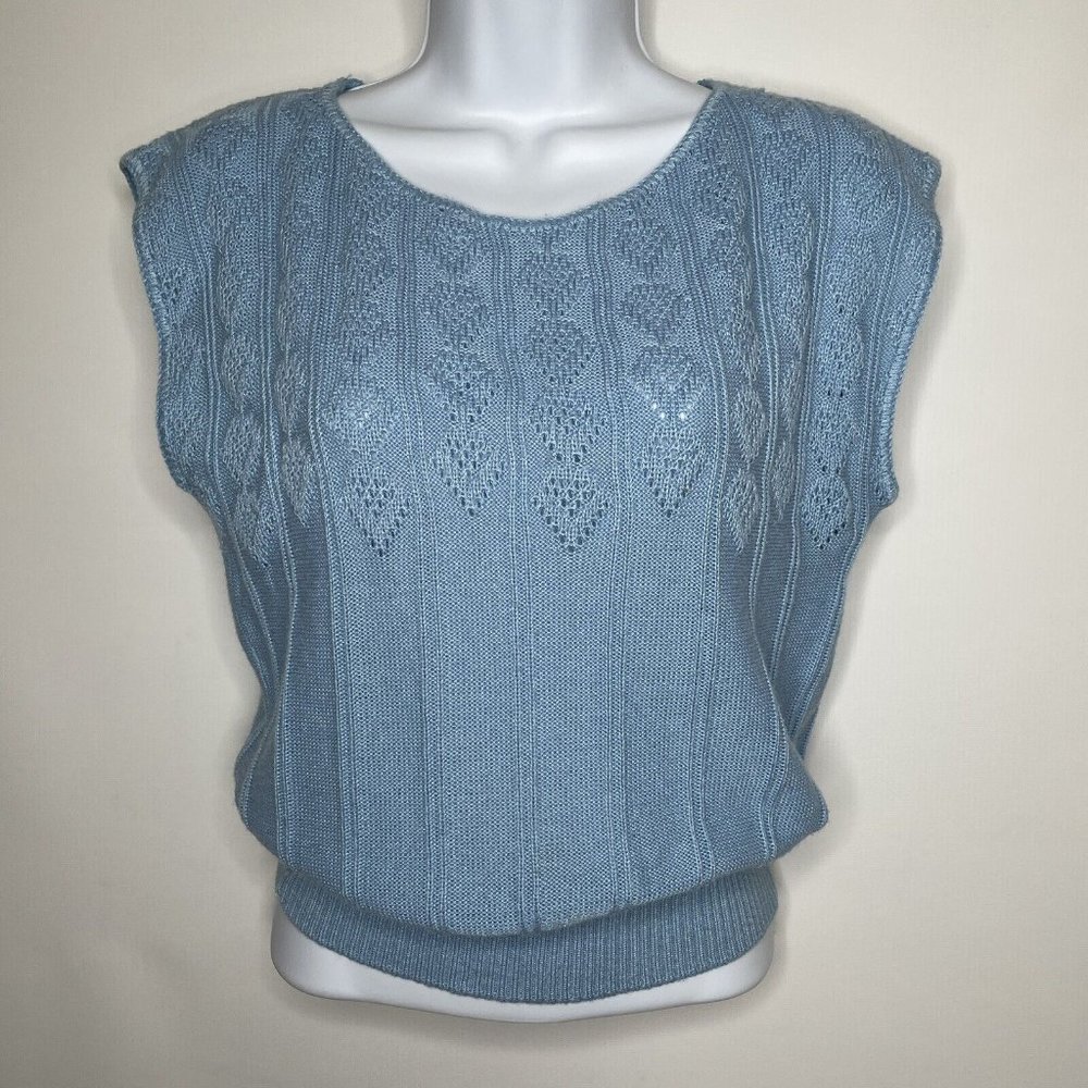 NOT FOR SALE Vintage 80s Keneth Too Baby Blue Pointelle Knit Cap Sleeve Sweater
